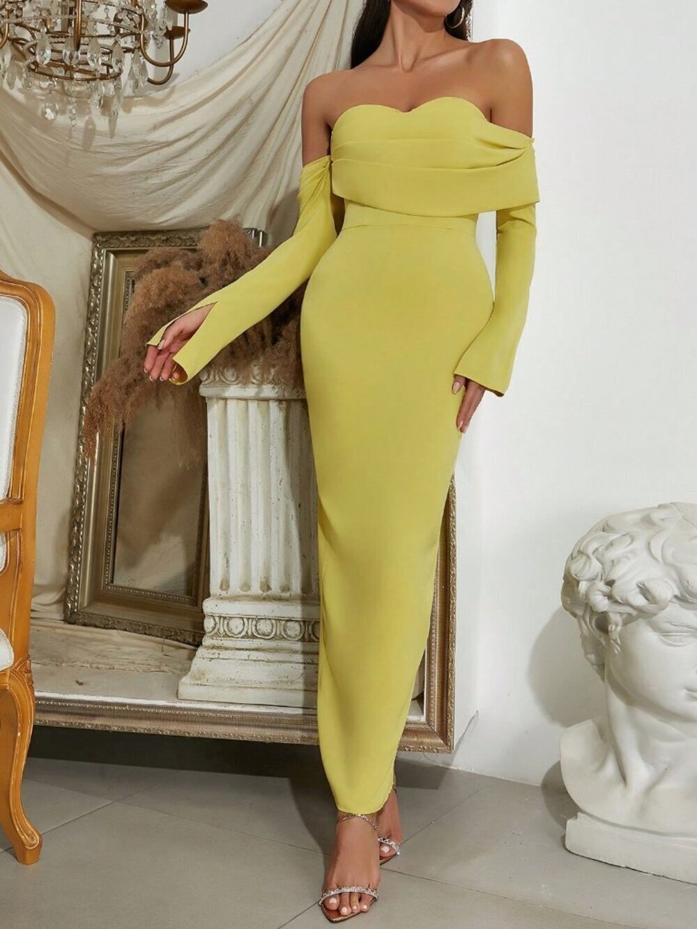 Yellow Elegant Women's Off Shoulder Long Sleeve Maxi Dress